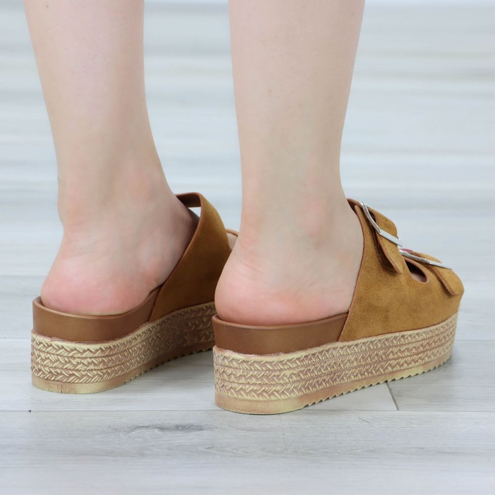 Suede Tan Double Straps Comfort Platform Sandal Slip On Sliders - Picture 5 of 13